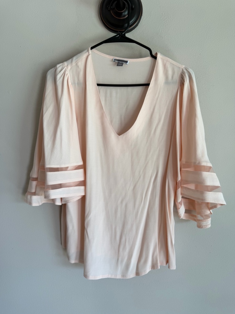 Chelsea28 Womens Peach‎ Pink V-Neck Bell Sleeve Mesh Insert Blouse XS